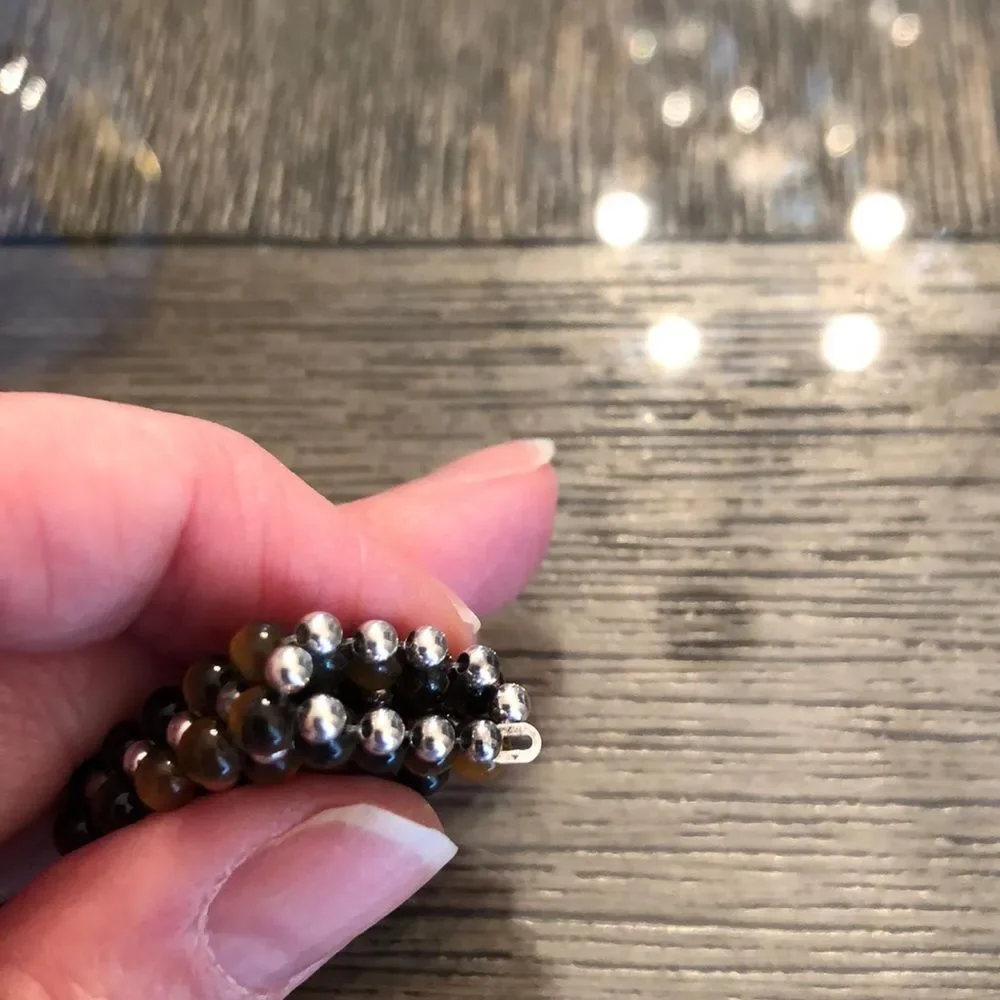 Waxed Brown Cord Necklace with Silver & Tigers Eye Beads, Sterling End Caps